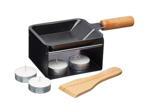 Image of Artesà Mini Raclette Grill Cheese Individual Set for 2, Small Iron Cheese Fondue Melter, Metal Rack with Non Stick Pan, Wooden Spatula and 2 Candles