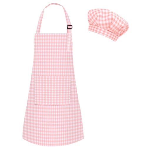 Image of TOPWAYS Grid Kids Apron and Chef Hat Set, Adjustable Check Child Chef Aprons with 2 Pockets, Lattice Print Children's Apron for Kids Toddler Painting Baking Cooking Artist (Grid Pink, M(3-6Years))