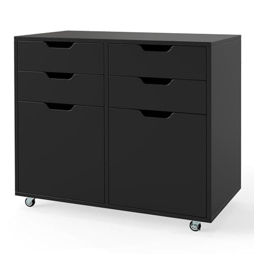 Image of COSTWAY Mobile File Cabinet, 4/5 Drawers Lateral Stationery Storage Organiser Chest with Wheels and 1/2 Doors, Home Office Printer Stand Side Filing Cupboard (Black, 73 x 40 x 64cm)