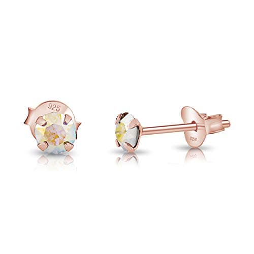 Image of DTPSilver - 925 Sterling Silver Rose Gold plated Round SMALL Stud Earrings made with Glittering Crystals from Swarovski® Elements - Diameter: 4 mm - Colour : Aurora Borealis