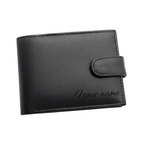 Image of RAS WALLETS Personalised Mens RFID Blocking Leather Wallet – Custom Engraved Name Initials – Bifold Notecase Wallet with Zip Coin Pocket – Genuine Black Nappa Leather Gift for Him