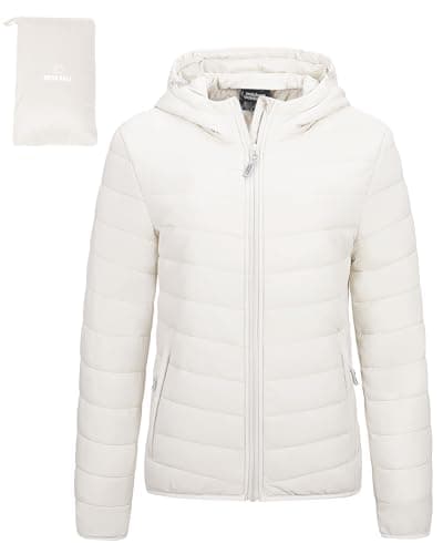 Image of Outdoor Ventures Women's Winter Lightweight Puffer Jacket with Hood, Warm, Short, Packable, Quilted, Transitional, Padded Jacket for Ladies, Lined for Hiking, Travel Cream S