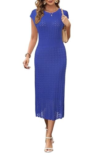 Image of Newshows Summer Dresses for Women UK Hollow Knit Casual Work Business Elegant Ladies Midi Dress Royal Blue,M