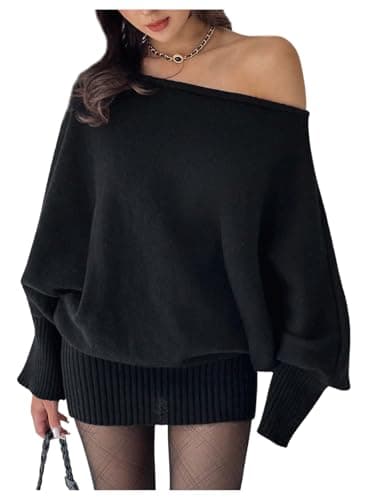 Image of GORGLITTER Women's Asymmetrical Off Shoulder Jumper Dresses Rib Knit Long Sleeve Mini Trendy Fall Winter Dress Black Small