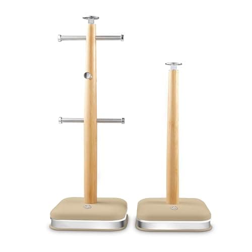 Image of Swan Nordic SWKA18525OAT Towel Pole and 6 Cup Mug Tree Set with Soft Touch Finish, Stainless Steel Accents and Non-Slip Acacia Wood Bases, Oatmeal