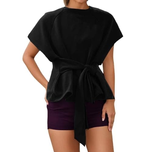 Image of Women's Summer Short Sleeves Tee T Shirt Crewneck Tie Knot Tops Sweatshirt (Black, XXL)