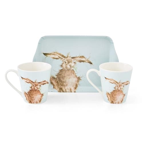 Image of Pimpernel x Wrendale Designs Hare Mug and Tray Gift Set - Porcelain Mugs & Melamine Tray Suitable for Serving Biscuits and Snacks, Hare Illustrations by Artist Hannah Dale, 180ml