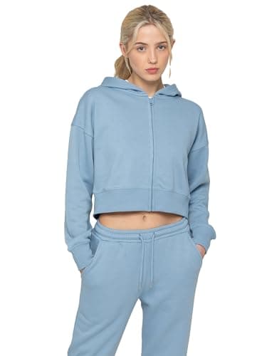 Image of 989Zé ENZO Womens Hoodie Top Casual Fleece Cropped Sweatshirt With Hood Crop Hoody (UK, Alpha, L, Regular, Regular, Blue With Zip)