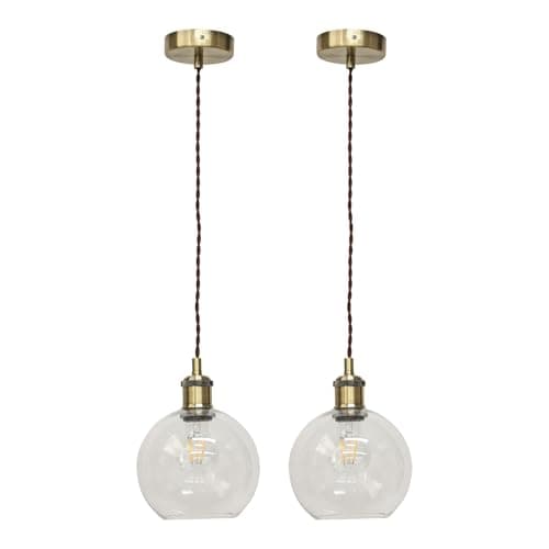 Image of firstchoicelighting Set of 2 Clear Glass Globe Ceiling Light Pendants with Vintage Style Antique Brass Cable Kit, Height Adjustable, Kitchen Island Dining Lighting