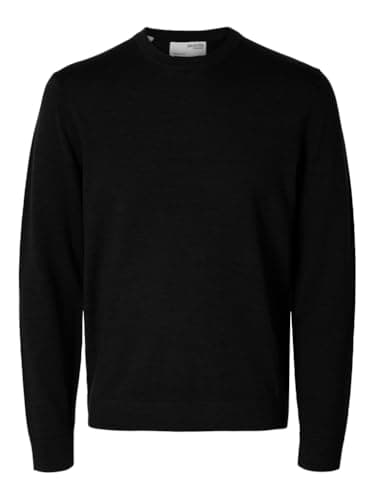 Image of SELECTED HOMME Male Crew Neck Jumper 100% Merino Wool, Black, L