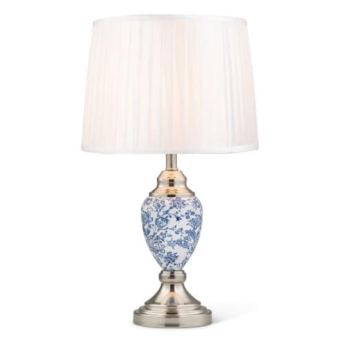 Image of Lighting Supermarket Malham Small Ceramic Table Lamp with Ivory Pleated Shade - Modern White, Blue & Silver