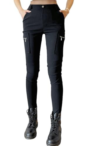 Image of Nuofengkudu Slim Fit Black Cargo Trousers Zip Pockets Leggings Elasticated High Waisted Combat Skinny Leg Ladies Stretchy Fitted Utility Tapered Work Pants Pull on Belt Loops Casual Gothic M