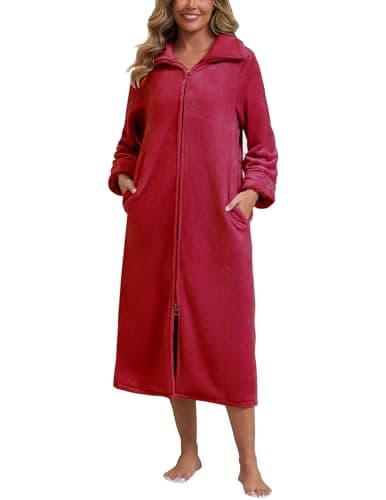 Image of Rubehoow Women - Plush - Fleece - Robe with Two Pockets and Zipper Winter Warm House Coat (Burgundy, XL)