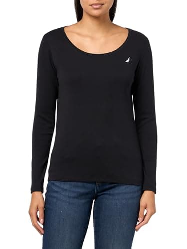 Image of Nautica Women's Long Sleeve Solid Scoop Neck Cotton T-Shirt, Black, S
