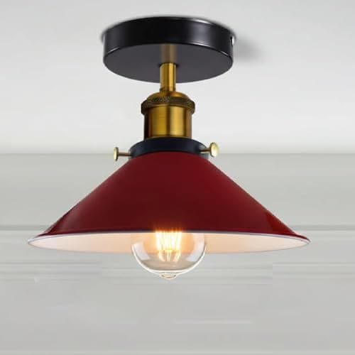 Image of Semi Flush Mount Ceiling Lamp 22cm Red Cone Lampshade with E27 Base Holder Vintage Ceiling Lighting for Livingroom Bedroom Kitchen Hallway Without Bulb