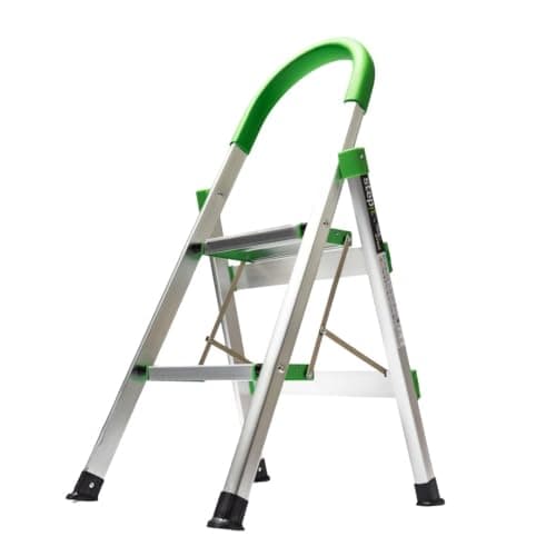 Image of StepIt 2 Tier Ladder Folding - Small Stool for Adults Kitchen - Foldable Aluminium Stepladder with Anti-Slip Treads - Lightweight Portable Two-Rung Ladders for Home - 150kg Capacity EN14183