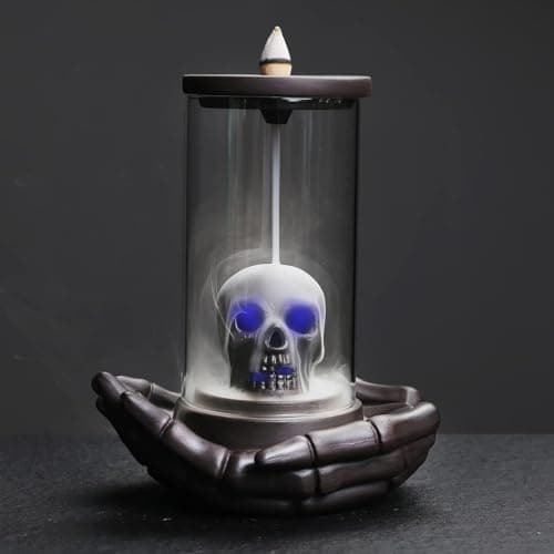 Image of ChangWanna Skull Incense Burner Holder - Backflow Waterfall Cone Incense Holder, LED Ceramic Unique Skeleton Incense Burner with 15 Incense Cones for Halloween/Aromatherapy/Yoga/Home/Room/Office Deco