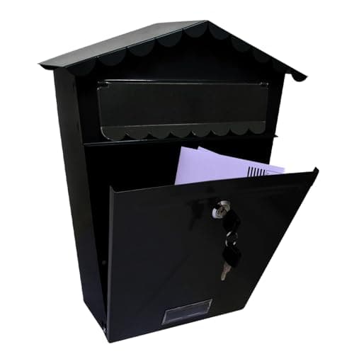 Image of Black Steel Post Box - Wall Mounted Large Mailbox for Parcel Delivery | Powder Coated - Home Use & Outside On Sheds, Garages, Walls, Gates - Mail Box with 2 Keys | Lockable Letter - Keep Mail Safe