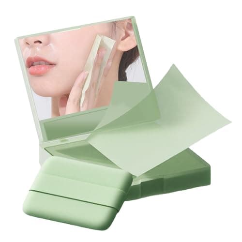 Image of 100 PCS Blotting Paper with Mirror & Puff, Portable Soft Green Tea Face Oil Blotting Sheets for Gift, Absorbs Oil for Oily Skin Tending Facial Grease Removal
