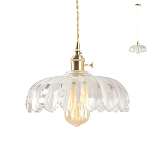 Image of HJXDtech Vintage Crystal Glass Pendant Light, Flower Light Shade, Brass E27 Socket, Height Adjustable Ceiling Hanging Light Fixture for Kitchen Island and Dining Room (Clear)