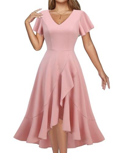 Image of DRESSTELLS Women's Formal Dresses Blush Pink Wedding Dresses Ruffle Prom Wedding Guest Bridesmaid Petite Dress V Neck Cocktail Evening Dresses Blush XL