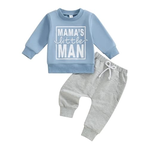 Image of Loalirando Toddler Baby Boy Clothes Mama's Little Man Long Sleeve Sweatshirt Trousers Boys 2Pcs Clothing Sets Fall Casual Tracksuit (Blue, 18-24 Months)