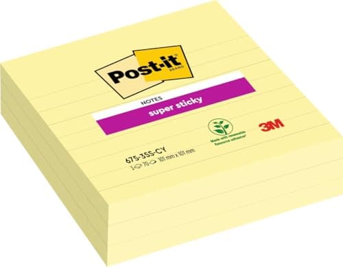 Image of Post-it Super Sticky Large Notes, 210 Sheets, Pack of 3 Pads, 101 mm x 101 mm - Holds Strong to Many Surfaces - Canary Yellow - for Walls, Monitors and Fridge, Recycable