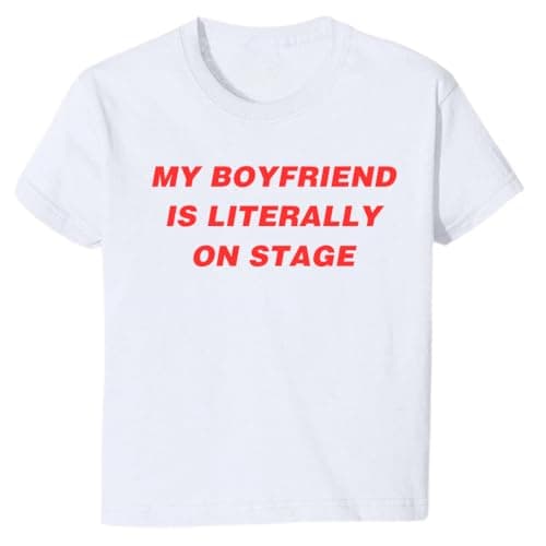 Image of My Boyfriend is Literally On Stage Baby Tee Cropped T Shirt - Concert Outfit Top - Tour Aesthetic - Handmade- Black White Yellow Haze (UK, Alpha, XS, Regular, Regular, White)