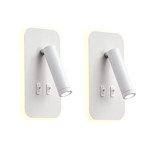 Image of uksunvi LED Wall Mounted Lamp,Bedside Reading Wall Light,12W LED Wall Lamp, Adjustable Spotlight （3W +9W 3000K Warm Light） (2PCS White Rectangles)