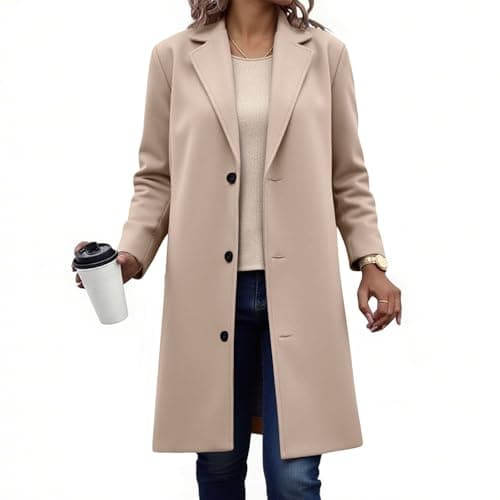 Image of AMhomely Wool Trench Coats for Women UK Single Breasted Overcoats Notched Lapel Winter Warm Long Jackets Elegant Peacoats Casual Outwear,Beige,XXL