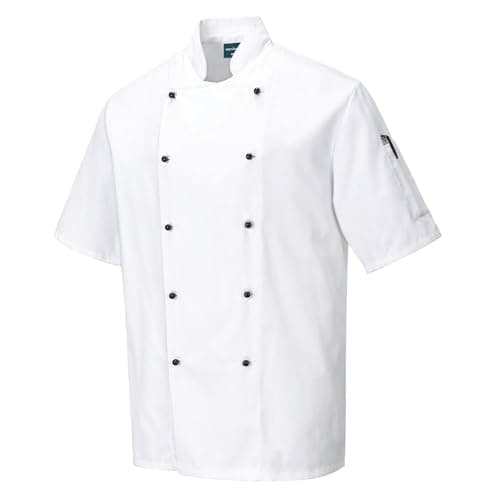 Image of Portwest C734 Short Sleeve Chef Jacket Chefswear Texpel Stain Resistant Kingsmill Polycotton Unisex Chef Whites for Kitchen and Catering Food Service Workwear, White, XS