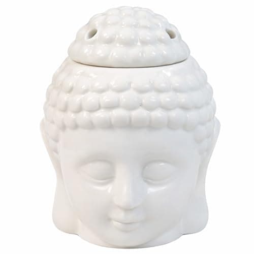 Image of Buddha Head Oil Burner Ceramic Wax Melt Burner with Lid – Aromatherapy Fragrance Oil Diffuser Tealight Burner for Wax Melts Essential Oils Home Spa Relaxation Decor – 10cm Height 8cm Wide (JR1420)