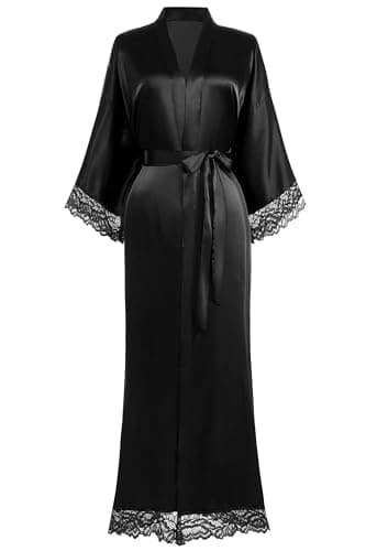 Image of BABEYOND Women's Kimono Dressing Gown Satin Kimono Robe Kimono Bridesmaid Bath Robe with Lace Trim for Nightwear Girl's Bonding Party Wedding Pajama Party(Black)