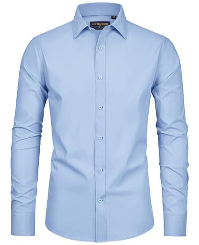 Image of siliteelon Mens Shirts Long Sleeve Dress Formal Light Blue Shirts Stretch Wrinkle Free Work Business Casual Wedding Party Shirts L