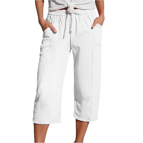 Image of Womens Cropped Trousers Elasticated High Waist Relax Fit Cotton Linen Ladies 3/4 Length Straight Wide Leg Trousers Casual Everyday Soft Lightweight Plain Beach Holiday Comfy Casual Lounge Pants White