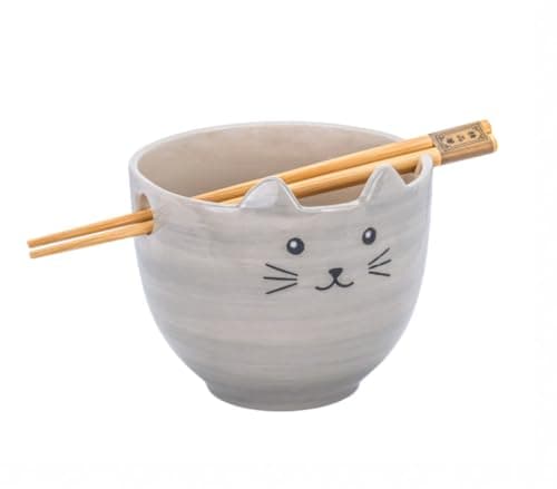 Image of Sass & Belle Cat Noodle Bowl with Chopsticks – Cute Ceramic Noodle Bowl for Soup, Pho, Rice – Ramen Bowl Set – Gift for Cat Lovers – Sass and Belle Kitchenware