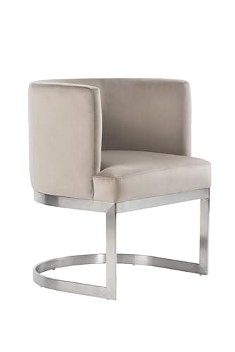 Image of MY Furniture Dining carver Chair - Taupe light brown dark beige- brushed silver stainless steel base- luxurious dining chair inspired by American art Deco luxurious elegant designs