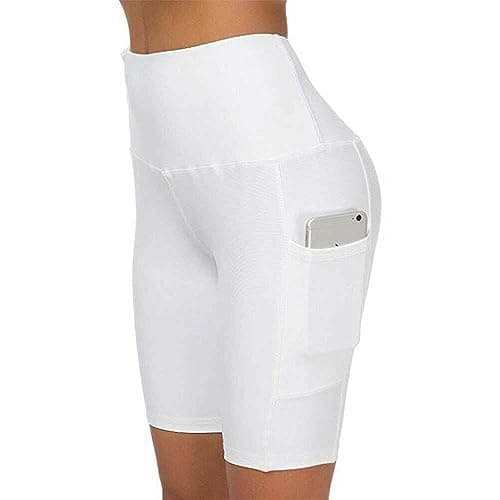 Image of Boolavard Shorts for Women with Pockets – High Waisted Tummy Control Workout Yoga Running Gym Short Pants (M, White)
