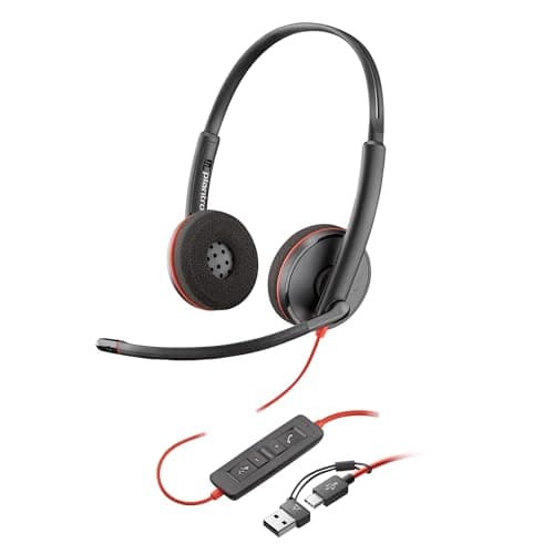 Image of Poly Blackwire 3220 Wired Headset with Mic, Hi-Fi Stereo Sound, Noise-Canceling Mic, Stereo Design, Connect to PC/Mac via USB-C & USB-A Adapter, Over-Ear Design, Works with Virtual Meeting Platforms