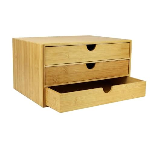 Image of MAGNA RETAIL Bamboo Desk Organiser | Stationary Organiser | Wooden Desk Tidy for Home or Work | A4 Storage Drawers | 3 Drawer Storage Unit for Office, Stationery, Makeup & Crafts (Wide)