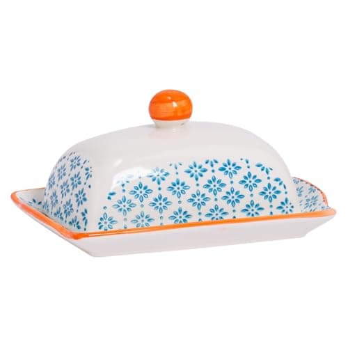 Image of Nicola Spring Hand Printed Butter Dish with Lid - 18.5x12cm - Blue Vintage Floral Porcelain Kitchen Butter Dish Fridge Cheese Storage Container for Cheese, Margarine