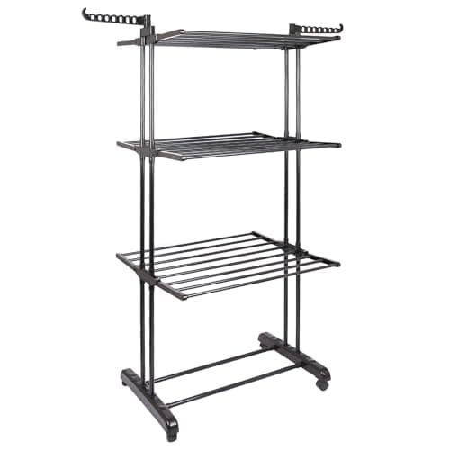 Image of Harbour Housewares Folding Metal Wheeled Clothes Airer - 4-Tier - Black, Compact Foldable Laundry Rack, Shoe Rack & Hanger Hooks, Durable Powder-Coated Steel