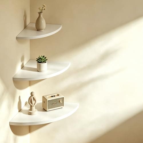 Image of nsihing Set of 3 Oak Corner Shelf, Solid Floating Corner Shelf Wall Mounted, Small Plant Shelf Wall Mount for Kitchen, Living Room, Bedroom (White, 5.9 inch)