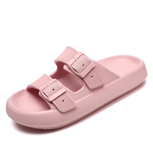 Image of Waysoland Cloud Sliders Women Men Sandals with Adjustable Buckles,Shower Bathroom Non-Slip Quick Drying Open Toe Super Soft Comfy Thick Sole slippers Indoor Outdoor(Pink,5.5/6.5 UK)