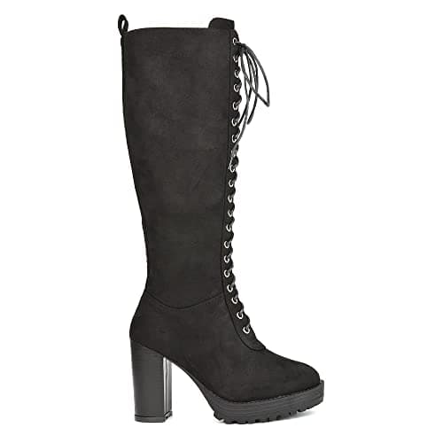 Image of Womens Platform Block Heel Knee High Boots Ladies Black Lace Up Heeled Biker Combat Long Winter Shoes Size 3-8