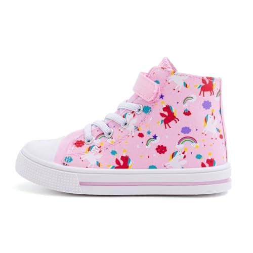Image of EUXTERPA Girls Trainers High Top Kids Easy Fasten Canvas Shoes Outdoor Lightweight Pumps Sneaker Pink Unicorn Size 8