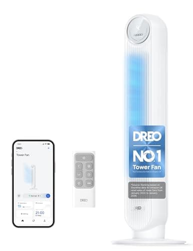 Image of DREO 20dB Smart Silent Tower Fan, 28 ft/s Velocity Electric Cooling Fan with Remote, 90° Oscillating 8 Speeds 4 Modes 8H Timer LED Display, DC Motor Quiet Standing Bladeless Floor Fans for Bedroom