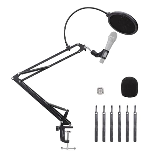 Image of Amazon Basics Adjustable Microphone Arm Stand with Pop Filter and Foam Windscreen, Table Mounting Clamp, 360° Rotation, Compatible with Blue Yeti, Snowball, HyperX, 14-Inch (35.5 cm), Black