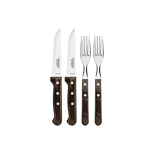 Image of Tramontina Cutlery Set with Gaucho Steak Knives, 4 Piece Sharp Knife and Fork Set with Wooden Handles, ‎Camping, Kitchen, Rustic, Dishwasher Safe, 29899312