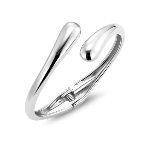 Image of Bangle Silver Bracelets for Women Chunky Thick Teardrop Waterdrop Cuff Bangle 925 Sterling Silver Adjustable Bracelet Large Wide Smooth Curved Open Bangles Statement Bracelets for Women Lady Jewelry